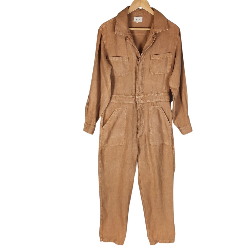 MATE the Label 100% Linen Jumpsuit Women's Small Tan Brown Utility Long Sleeve